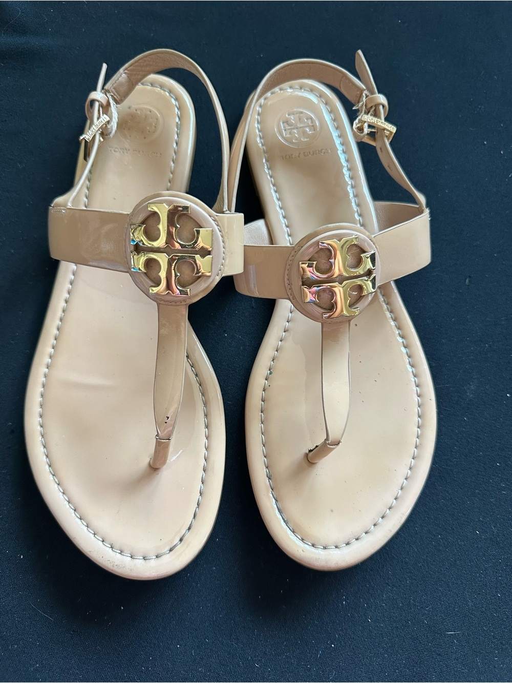 Tory Burch Women’s Nude double T logo miller back strap Thong Sandals 8